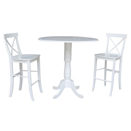 International Concepts Round 42, Round Pedestal Bar Height Table with 2 Bar Height Stools, White, 42 W, 42 L, 41.5 in H K08-42DPT-S6133-2